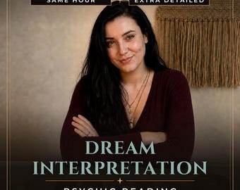 May include: A person with long dark hair wearing a dark maroon long-sleeve shirt and a layered gold necklace. Text reads: SAME HOUR, EXTRA DETAILED, DREAM INTERPRETATION, PSYCHIC READING, ELENA MEDIUM STUDIO. A woven wall hanging is visible in the background.