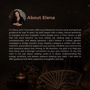 May include: An image with the text "About Elena" and a photo of a woman. The text describes Elena's professional intuitive tarot and spiritual guidance for over 10 years. The image also shows tarot cards and a lit candle.
