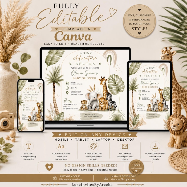 Puede incluir: Una plantilla de invitaci&oacute;n digital para baby shower en una computadora port&aacute;til, tableta y tel&eacute;fono inteligente. El dise&ntilde;o presenta animales de la selva como una jirafa, un elefante, un le&oacute;n y una cebra, con el texto A Tiny Adventure Begins.