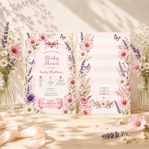 Flores silvestres, floral, baby shower, moderno y femenino, plantilla editable de Canva, descarga digital