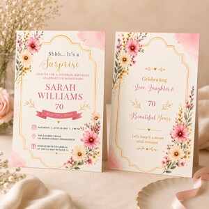 Invitación de cumpleaños sorpresa, flores silvestres, plantilla digital floral, editable en Canva