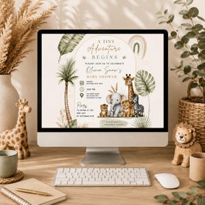Puede incluir: Una invitaci&oacute;n digital para baby shower en una pantalla de computadora, con el texto A TINY ADVENTURE BEGINS, Olivia Snow's BABY SHOWER y detalles para el domingo 20 de octubre de 2024 a las 15:00, ilustrada con una jirafa, elefante, le&oacute;n y cebra.