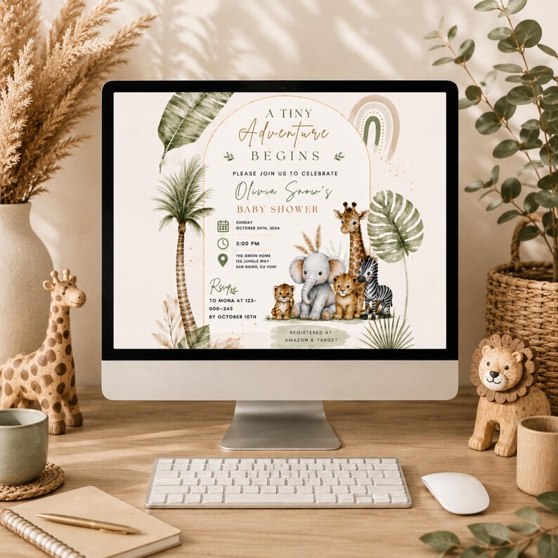 Puede incluir: Una invitaci&oacute;n digital para baby shower en una pantalla de computadora, con el texto A TINY ADVENTURE BEGINS, Olivia Snow's BABY SHOWER y detalles para el domingo 20 de octubre de 2024 a las 15:00, ilustrada con una jirafa, elefante, le&oacute;n y cebra.
