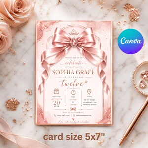 invitación de cumpleaños con lazo, plantilla editable de Canva, Evite imprimible moderno y femenino, tamaño de tarjeta, tamaño móvil,