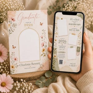 Fiesta de anuncio de graduación, flores silvestres, floral, plantilla editable de Canva, descarga digital