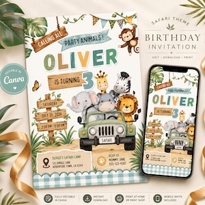 Invitación de cumpleaños con temática de safari, plantilla editable de Canva, descarga digital para fiestas de animales salvajes.