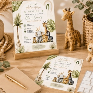 Puede incluir: Una tarjeta de invitaci&oacute;n para baby shower con el texto A Tiny Adventure Begins, Olivia Snow's Baby Shower, y detalles para el domingo 20 de octubre de 2024 a las 15:00 horas. El dise&ntilde;o incluye ilustraciones en acuarela de una jirafa, un elefante, un le&oacute;n y una cebra.