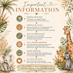 Puede incluir: Una infograf&iacute;a titulada Important Information con ilustraciones en acuarela de una palmera, un elefante, una jirafa, un cachorro de le&oacute;n y una cebra. Detalla instrucciones de descarga digital, personalizaci&oacute;n, requisitos del navegador y pol&iacute;ticas.