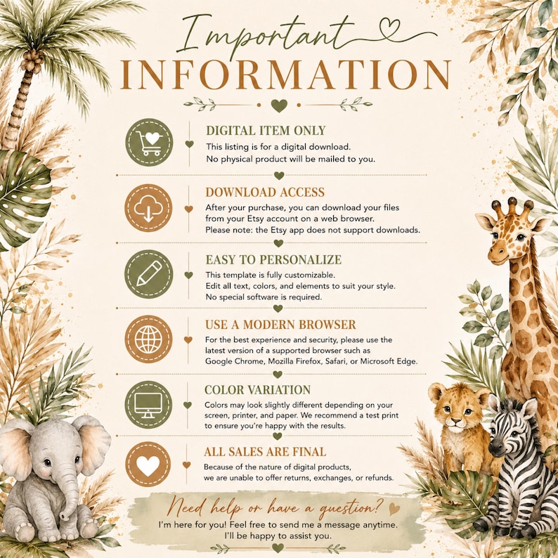 Puede incluir: Una infograf&iacute;a titulada Important Information con ilustraciones en acuarela de una palmera, un elefante, una jirafa, un cachorro de le&oacute;n y una cebra. Detalla instrucciones de descarga digital, personalizaci&oacute;n, requisitos del navegador y pol&iacute;ticas.