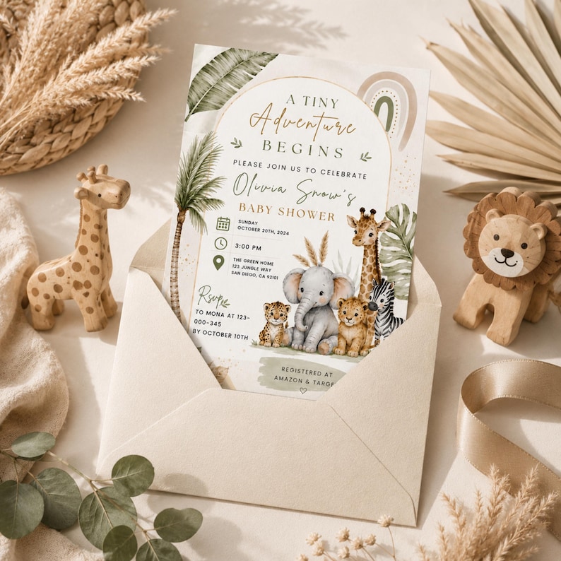 Puede incluir: Una tarjeta de invitaci&oacute;n para baby shower con animales de la selva como jirafa, elefante, leopardo y cebra. El texto dice A Tiny Adventure Begins, Olivia Snow's Baby Shower, Sunday October 20th 2024, 3:00 PM, The Green Home, 123 Jungle Way, San Diego, CA 92101.