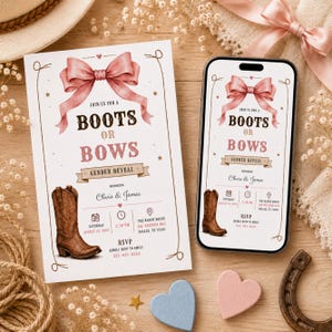 Plantilla de invitación para revelar el sexo del bebé con temática de botas o lazos, invitación digital editable, imprimible en Canva.