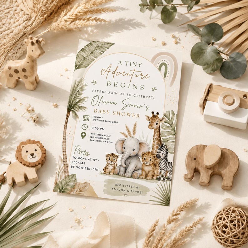 Puede incluir: Una tarjeta de invitaci&oacute;n rectangular para baby shower con el texto A TINY ADVENTURE BEGINS, Olivia Snow's BABY SHOWER y detalles del evento. El dise&ntilde;o incluye ilustraciones en acuarela de una jirafa, un elefante, un le&oacute;n y una cebra.