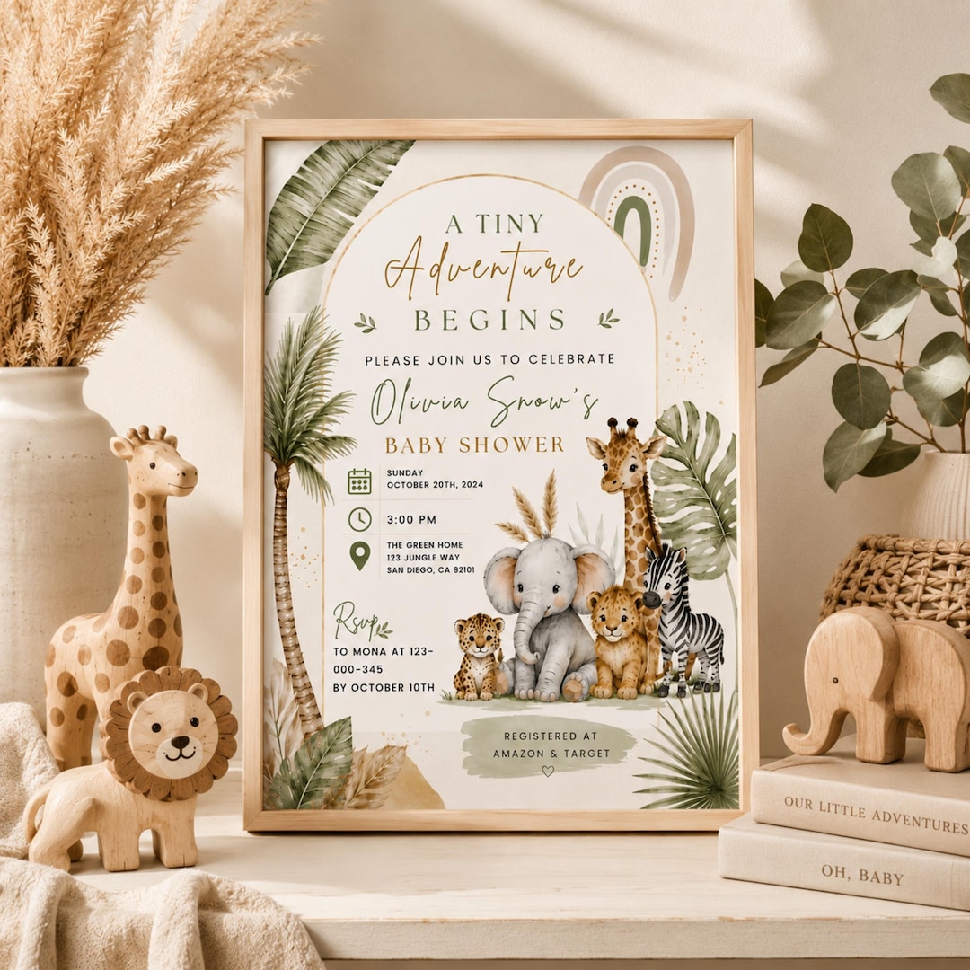 Safari Baby Shower Invitation, boy, jungle theme, Wild animal, editable template, Canva, d