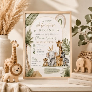 Puede incluir: Un cartel de invitaci&oacute;n para baby shower enmarcado con animales de la selva en acuarela: jirafa, elefante, le&oacute;n y cebra. El texto dice A Tiny Adventure Begins, Olivia Snow's Baby Shower, Sunday October 20th, 2024, 3:00 PM, The Green Home, 123 Jungle Way, San Diego, CA 92101.