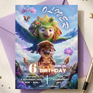 Può includere: Un invito di compleanno con un'illustrazione a cartoni animati di una creatura simile a un uccello e un personaggio simile a un orso. L'invito include il nome "OLIVER" in alto, con il numero "6" e la parola "COMPLEANNO" ben visibili. Il testo aggiuntivo include data, ora e informazioni RSVP.