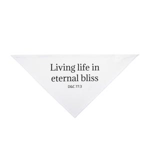 May include: White triangular bandana with the text "Living life in eternal bliss" and the reference "D&C 77:3" printed in black. The bandana is made of a soft, lightweight fabric.