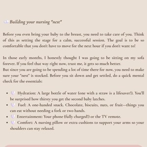 May include: A light beige graphic with text about breastfeeding, including tips for comfort and essentials like water and snacks. The text also includes a note about latching techniques.