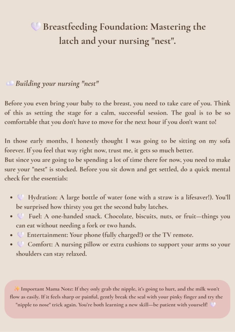 May include: A light beige graphic with text about breastfeeding, including tips for comfort and essentials like water and snacks. The text also includes a note about latching techniques.
