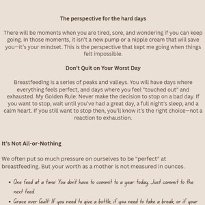 May include: A beige graphic with text titled "The Mindset Shift" and "The perspective that kept me going on hard days." The text discusses breastfeeding challenges, offering advice on mindset, and self-compassion.