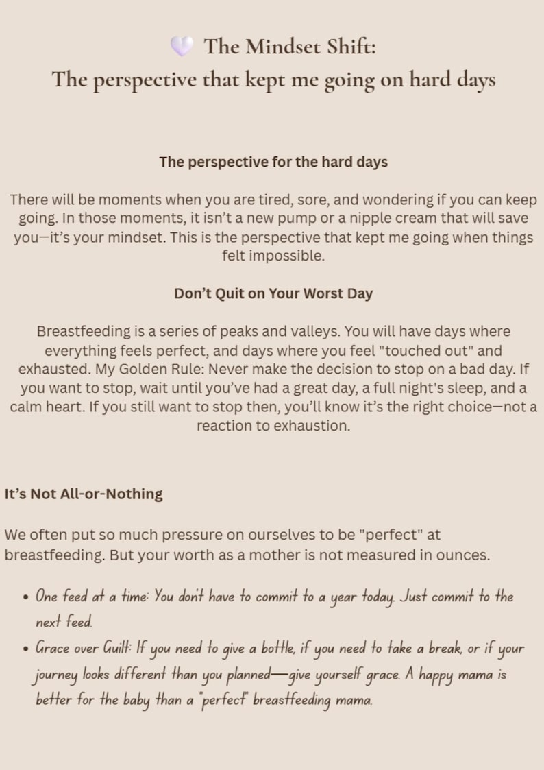 May include: A beige graphic with text titled "The Mindset Shift" and "The perspective that kept me going on hard days." The text discusses breastfeeding challenges, offering advice on mindset, and self-compassion.