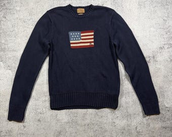 Polo Ralph Lauren American Flag Knit Sweater – Navy Blue Cotton Jumper L