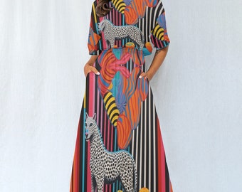 Abstract Dress With Pockets, Party Art Dress , Wearable Art dress, Party Wedding Dress, Unique Designed Women's Elastic Waist Dress