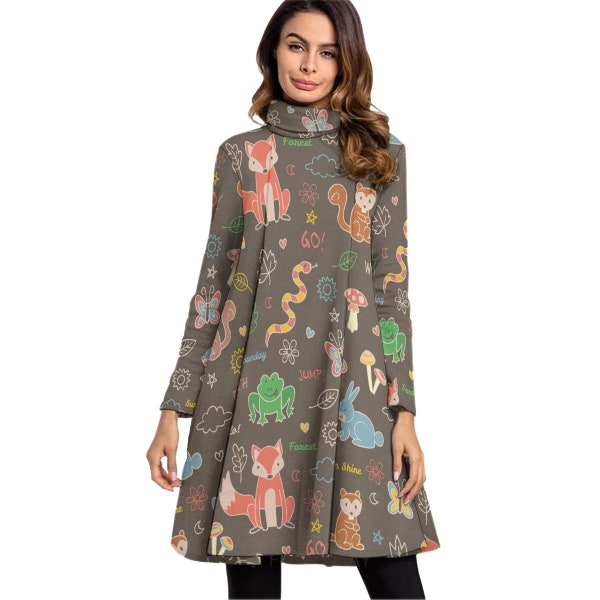 Warmth Dress with Forest Animals Print Women's High Neck Dress  Long Sleeve, Animals Lovers Dress, Pretty autumn dress, Dreamy autumn outfit