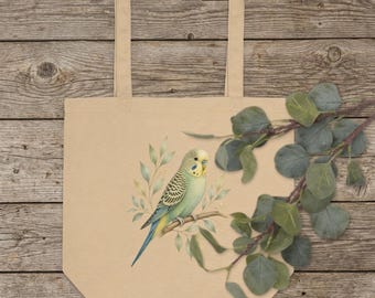 Bolso ecológico con estampado de periquitos en acuarela, de algodón orgánico.