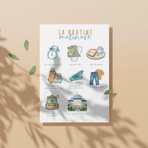 Puede incluir: Un póster rectangular blanco titulado LA ROUTINE matinale que presenta nueve ilustraciones coloridas de dibujos animados que representan tareas matutinas diarias, incluyendo un despertador, un personaje en el inodoro, desayuno, lavar platos, cepillarse los dientes, ropa, una mochila y un edificio escolar.