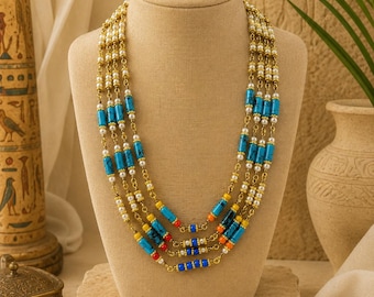 Egyptian Revival Turquoise Pearl Layered Necklace | Cleopatra Statement Bib Boho Tribal Jewelry