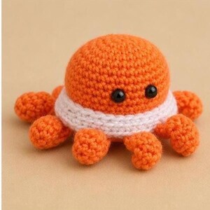 Puede incluir: Un pulpo de ganchillo naranja hecho a mano con una banda blanca alrededor de la cabeza y ojos de seguridad negros. El pulpo tiene ocho tentáculos naranjas. Este juguete blando es adecuado para bebés y niños.