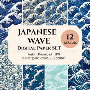 Japanese Wave Digital Paper Set | 12 Blue Japanese Patterns | Instant Download