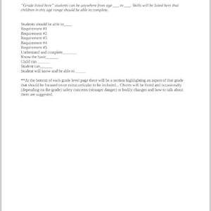 Puede incluir: Un documento educativo blanco titulado Grade Level con texto en negro. Incluye marcadores de posición para rangos de edad, requisitos de habilidades y una sección para actividades extracurriculares, preocupaciones de seguridad y tareas, con un icono de portapapeles en la parte inferior.