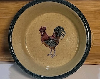 Monroe Saltworks Maine Pottery Rooster Chowder Bowl Green Rim Signed Stamped