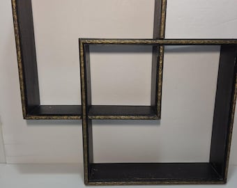 Vintage Black Gold Geometric Wall Shelf Bamboo Style Trim Hollywood Regency