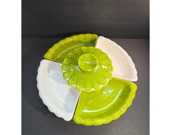 Vintage Avokado Grön Kalifornien Keramik Lazy Susan Set Kromex Krom MCM 7 Delar