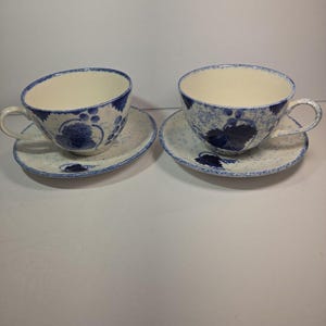 Poole Pottery Blue Vine Hand Painted Tea Cups Saucers Set of 2 England