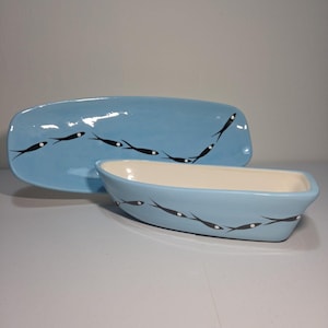 Rare Vintage Jobi Pottery Aqua Minnow Fish Boat Bowl & Matching Platter Set EUC