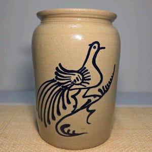 Vintage 1987 Carolyn Nygren Curran CNC Stoneware Crock Cobalt Bird Pottery
