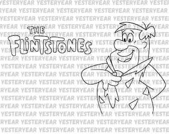 May include: Black and white line art of Fred Flintstone from The Flintstones cartoon. Fred is smiling and holding a piece of paper. The Flintstones logo is above him.