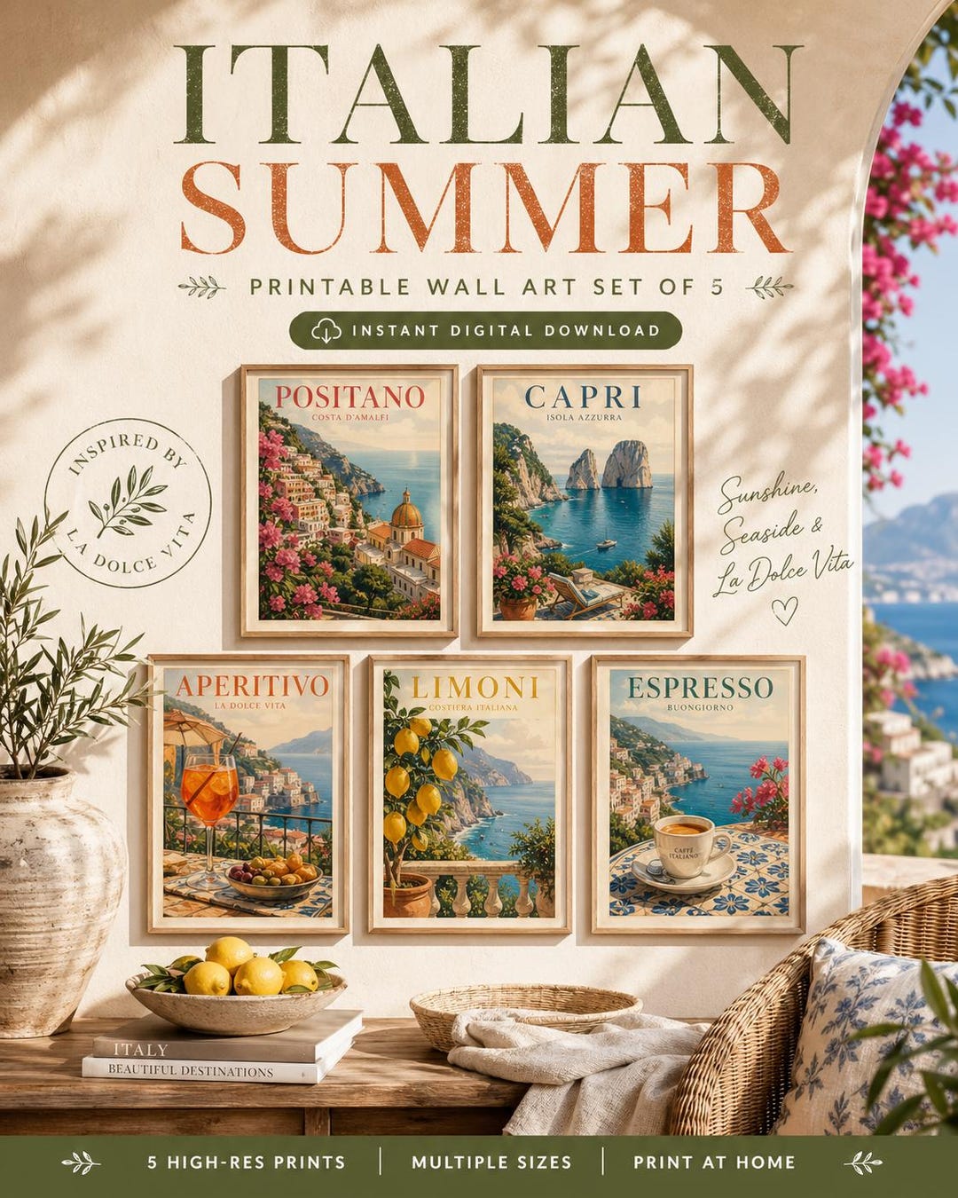 Italian Summer Travel Poster Set of 5, Positano Capri Wall Art ...