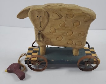 Vintage  Wooden Sheep Pull Toy Folk Art Carved Lamb Wagon Bell Primitive Decor