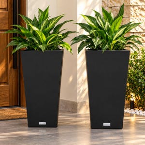 May include: Two tall, matte black tapered planters with a square base, each containing a lush green plant with variegated leaves. A small white rectangular label with black text is centered near the bottom of each planter, displaying the brand name.