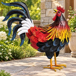 May include: A metal rooster sculpture featuring a vibrant color palette of red, yellow, and black feathers. The tail displays long, curved blue and white plumage. The head has a bright red comb and wattle with an open beak, standing on yellow legs.