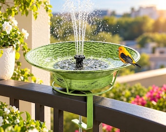 Solar deck mounted bird bath, green metal railing birdbath with fountain, hanging bird feeder for balcony, outdoor garden bird decor