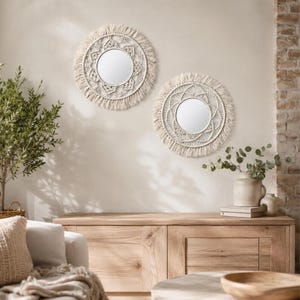 Boho Macrame Wall Mirror Set, 2 Round Hanging Mirrors with Fringe, Rustic Wall Decor for Bedroom, Nursery, Living Room