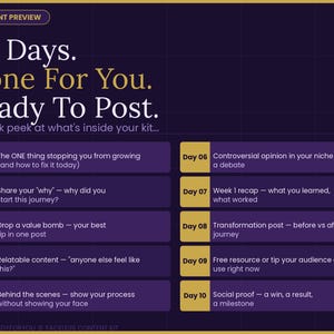 K&ouml;nnte beinhalten: Eine digitale Grafik mit dem Text "30 Days. Done For You. Ready To Post." und einer Liste von Inhaltsideen. Der Hintergrund ist dunkelviolett mit goldenen Akzenten. Die Liste enth&auml;lt Themen wie "Teilen Sie Ihr 'Warum'" und "Relevanter Inhalt."