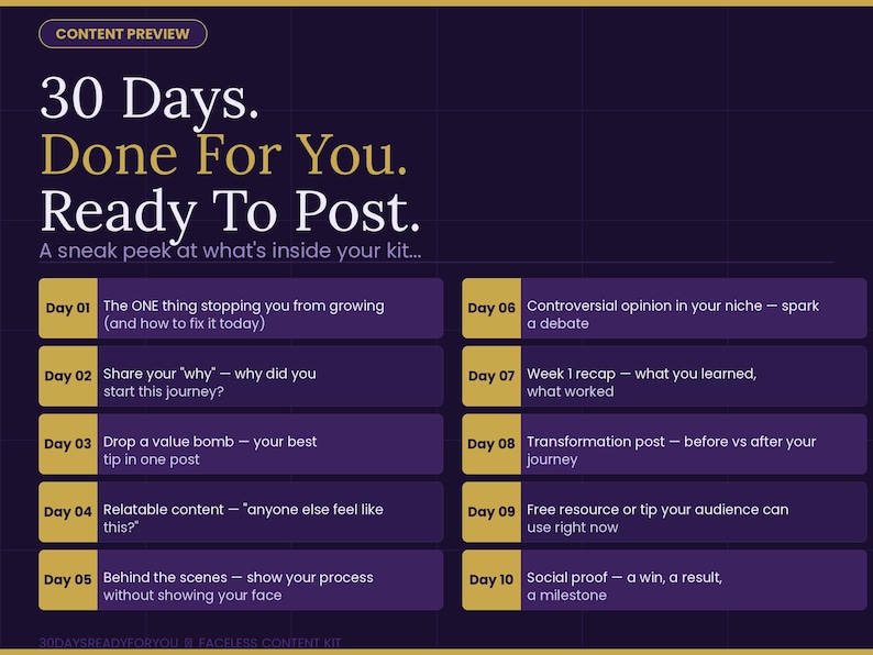 K&ouml;nnte beinhalten: Eine digitale Grafik mit dem Text "30 Days. Done For You. Ready To Post." und einer Liste von Inhaltsideen. Der Hintergrund ist dunkelviolett mit goldenen Akzenten. Die Liste enth&auml;lt Themen wie "Teilen Sie Ihr 'Warum'" und "Relevanter Inhalt."