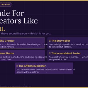 K&ouml;nnte beinhalten: Eine dunkelviolette Grafik mit wei&szlig;em und goldenem Text mit der Aufschrift &bdquo;Made For Creators Like You&ldquo;. Das Bild listet verschiedene Arten von Kreativen auf, darunter &bdquo;The Shy Creator&ldquo; und &bdquo;The Busy Seller&ldquo;.