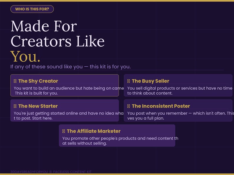 K&ouml;nnte beinhalten: Eine dunkelviolette Grafik mit wei&szlig;em und goldenem Text mit der Aufschrift &bdquo;Made For Creators Like You&ldquo;. Das Bild listet verschiedene Arten von Kreativen auf, darunter &bdquo;The Shy Creator&ldquo; und &bdquo;The Busy Seller&ldquo;.